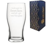 Personalised Engraved Novelty Pint Glass with Secret Santa Serif Design, Add a Personalised Message to The Reverse, Gift Box Included, Laser Engraved, Colleague Santa Christmas Gift