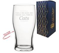 Personalised Engraved Novelty Pint Glass with Yes I Really do Need All These Cats Design, Add a Personalised Message to The Reverse, Laser Engraved, Gift Box Included, Cat Lover Gift