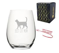 Personalised Engraved Novelty Stemless Wine Glass with Best Cat Mum Design, Add a Personalised Message to the Reverse, Laser Engraved, Gift Box Included, Gift for Mum, Birthday Gift, Cat Lover Gift