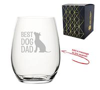 Personalised Engraved Novelty Stemless Wine Glass with Best Dog Dad Design, Add a Personalised Message to The Reverse, Laser Engraved, Gift Box Included, Gift for Dad, Birthday Gift, Dog Lover Gift