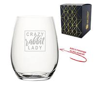 Personalised Engraved Novelty Stemless Wine Glass with Crazy Rabbit Lady Design, Add a Personalised Message to The Reverse, Laser Engraved, Gift Box Included