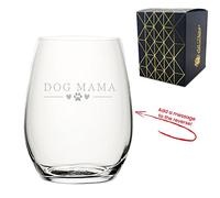 Personalised Engraved Novelty Stemless Wine Glass with Dog Mama Design, Add a Personalised Message to The Reverse, Laser Engraved, Gift Box Included, Gift for Mum, Birthday Gift, Dog Lover Gift