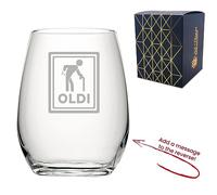 Personalised Engraved Novelty Stemless Wine Glass with Oldi Design, Add a Personalised Message to The Reverse, Gift Box Included, Laser Engraved, Gift for Dad Grandad Colleague Retirement, Funny Gift