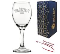 Personalised Engraved Novelty Wine Glass with Slainte Design, Add a Personalised Message to The Reverse Gift Box Included, Laser Engraved, Gift for Parents Grandparents Aunt Uncle Friend Colleague
