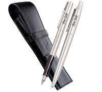 Personalised Engraved Parker Jotter Ballpoint/Fountain Pen/Set in a Leather Pouch, Personalised Gifts for Anniversary, Christmas - Enter Your Custom Text (Jotter Steel & Fountain Pen Set)