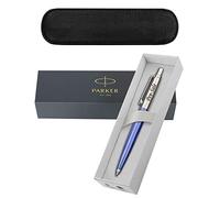 Personalised Engraved Parker Jotter Black/Blue/Red, Choice of Blue or Black Ink, Ballpoint Pen Gift Boxed with a Classy Genuine Leather Pen Slip - Enter Your Custom Text (Jotter Blue with Black Ink)
