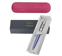 Personalised Engraved Parker Jotter Blue Ballpoint Pen Gift Boxed with Blue Ink in a Classy Magenta Genuine Leather Pen Slip, Personalised Gift for Christmas - Enter Your Custom Text