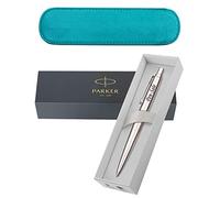 Personalised Engraved Parker Jotter Stainless Steel Ballpoint Pen Blue Ink with a Classy Blue Leather Pen Slip - Enter Your Custom Text (Stainless Steel Blue Ink)
