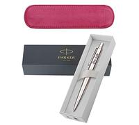 Personalised Engraved Parker Jotter Stainless Steel Ballpoint Pen Blue Ink with a Classy Pink Leather Pen Slip - Enter Your Custom Text (Stainless Steel Black Ink)