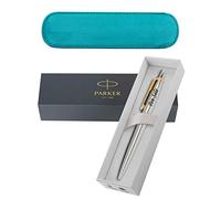 Personalised Engraved Parker Jotter Stainless Steel Gold Trim Ballpoint Pen Black Ink with a Classy Blue Leather Pen Slip - Enter Your Custom Text (Jotter Steel Gold Trim Blue Ink)