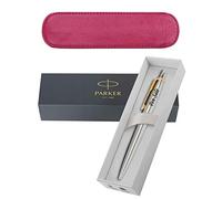 Personalised Engraved Parker Jotter Stainless Steel Gold Trim Ballpoint Pen Black Ink with a Classy Pink Leather Pen Slip - Enter Your Custom Text (Steel Gold Trim with Black Ink)