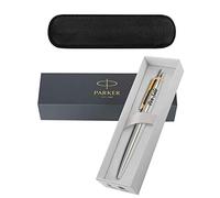Personalised Engraved Parker Jotter Stainless Steel Gold Trim Black Ink Ballpoint Pen Gift Boxed with a Classy Leather Pen Slip - Enter Your Custom Text