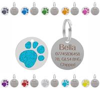 Personalised Engraved Pet ID Tags for Dogs & Cats - Customised with Your Choice of Text on a Round Glitter Paw Print Stainless Steel Tag - Choice of Sizes & Colours (Turquoise, Large - 32mm)