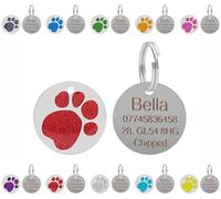 Personalised Engraved Pet ID Tags for Dogs & Cats - Customised with Your Choice of Text on a Round Glitter Paw Print Stainless Steel Tag - Choice of Sizes & Colours (Red, Large - 32mm)
