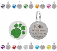 Personalised Engraved Pet ID Tags for Dogs & Cats - Customised with Your Choice of Text on a Round Glitter Paw Print Stainless Steel Tag - Choice of Sizes & Colours (Green, Large - 32mm)