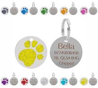 Personalised Engraved Pet ID Tags for Dogs & Cats - Customised with Your Choice of Text on a Round Glitter Paw Print Stainless Steel Tag - Choice of Sizes & Colours (Yellow, Large - 32mm)