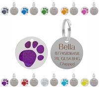 Personalised Engraved Pet ID Tags for Dogs & Cats - Customised with Your Choice of Text on a Round Glitter Paw Print Stainless Steel Tag - Choice of Sizes & Colours (Purple, Extra Large - 36mm)