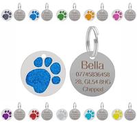 Personalised Engraved Pet ID Tags for Dogs & Cats - Customised with Your Choice of Text on a Round Glitter Paw Print Stainless Steel Tag - Choice of Sizes & Colours (Blue, Extra Large - 36mm)
