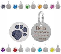 Personalised Engraved Pet ID Tags for Dogs & Cats - Customised with Your Choice of Text on a Round Glitter Paw Print Stainless Steel Tag - Choice of Sizes & Colours (Black, Large - 32mm)