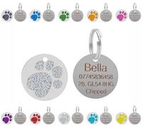 Personalised Engraved Pet ID Tags for Dogs & Cats - Customised with Your Choice of Text on a Round Glitter Paw Print Stainless Steel Tag - Choice of Sizes & Colours (Silver, Standard - 25mm)