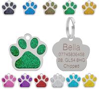 Personalised Engraved Pet Tag for Pets | Vibrant Paw Print Shape Glitter Stainless Steel ID Tags for Dog & Cat | Anti-Lost for Puppy, Kitten Etc | 27mm Wide (Green)