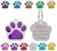 Personalised Engraved Pet Tag for Pets | Vibrant Paw Print Shape Glitter Stainless Steel ID Tags for Dog & Cat | Anti-Lost for Puppy, Kitten Etc | 27mm Wide (Purple)