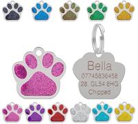 Personalised Engraved Pet Tag for Pets | Vibrant Paw Print Shape Glitter Stainless Steel ID Tags for Dog & Cat | Anti-Lost for Puppy, Kitten Etc | 27mm Wide (Pink)
