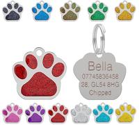 Personalised Engraved Pet Tag for Pets | Vibrant Paw Print Shape Glitter Stainless Steel ID Tags for Dog & Cat | Anti-Lost for Puppy, Kitten Etc | 27mm Wide (Red)