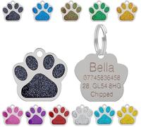 Personalised Engraved Pet Tag for Pets | Vibrant Paw Print Shape Glitter Stainless Steel ID Tags for Dog & Cat | Anti-Lost for Puppy, Kitten Etc | 27mm Wide (Black)