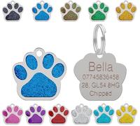 Personalised Engraved Pet Tag for Pets | Vibrant Paw Print Shape Glitter Stainless Steel ID Tags for Dog & Cat | Anti-Lost for Puppy, Kitten Etc | 27mm Wide (Blue)