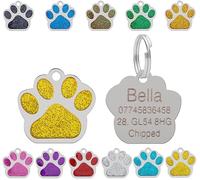 Personalised Engraved Pet Tag for Pets | Vibrant Paw Print Shape Glitter Stainless Steel ID Tags for Dog & Cat | Anti-Lost for Puppy, Kitten Etc | 27mm Wide (Yellow)