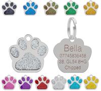Personalised Engraved Pet Tag for Pets | Vibrant Paw Print Shape Glitter Stainless Steel ID Tags for Dog & Cat | Anti-Lost for Puppy, Kitten Etc | 27mm Wide (Silver)