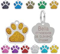 Personalised Engraved Pet Tag for Pets | Vibrant Paw Print Shape Glitter Stainless Steel ID Tags for Dog & Cat | Anti-Lost for Puppy, Kitten Etc | 27mm Wide (Orange)