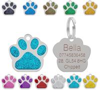 Personalised Engraved Pet Tag for Pets | Vibrant Paw Print Shape Glitter Stainless Steel ID Tags for Dog & Cat | Anti-Lost for Puppy, Kitten Etc | 27mm Wide (Turquoise)