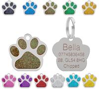 Personalised Engraved Pet Tag for Pets | Vibrant Paw Print Shape Glitter Stainless Steel ID Tags for Dog & Cat | Anti-Lost for Puppy, Kitten Etc | 27mm Wide (Brown)