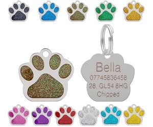 Personalised Engraved Pet Tag for Pets | Vibrant Paw Print Shape Glitter Stainless Steel ID Tags for Dog & Cat | Anti-Lost for Puppy, Kitten Etc | 27mm Wide (Brown)
