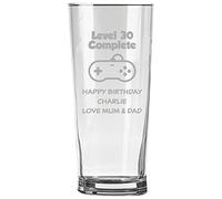 Personalised Engraved Pint Glass - 30th Birthday Gift, Level 30 Complete with Personalised Name and Message Design