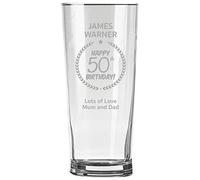 Personalised Engraved Pint Glass - 50th Birthday Gift, Name, Border and 50 Message Design