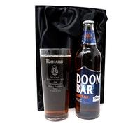 Personalised Engraved Pint Glass & Beer Gift Set - BB8 Star Wars Design (Sharp's Brewery Doom Bar Amber Ale, Silk Lined Gift Box)