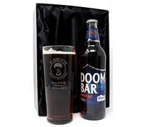 Personalised Engraved Pint Glass & Beer Gift Set - Peaky Blinders Design (Sharp's Brewery Doom Bar Amber Ale, Silk Lined Gift Box)