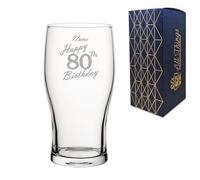 Personalised Engraved Pint Glass, Happy 80th BirthdayHandwritten Design, Classic Tulip Glass, 20oz or 570ml Capacity, Customise with Any Name, Gift Boxed