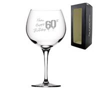 Personalised Engraved Primeur Balloon Happy 60th Birthday Balloon Design Gift Boxed, Glass Holds up to 24oz/709ml, Customise with Any Name, Engraved in The UK
