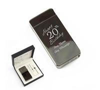 Personalised Engraved Reflective Black Electric Lighter, Arc Lighter, Comes with Presentation Box, USB Rechargeable, Happy 20th Birthday Design, Gift for Him, Engraved in The UK
