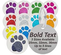 Personalised Engraved Round Glitter Paw Print Black Bold Lettering Dog/Cat Pet ID Tag Small/Large (Extra Large - 36mm, Silver)