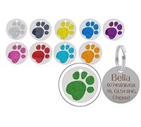 Personalised Engraved Round Glitter Paw Print Dog/Cat Pet ID Tag Small/Large (32mm - Large, Green)