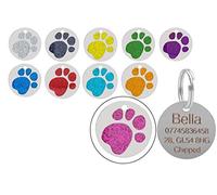 Personalised Engraved Round Glitter Paw Print Dog/Cat Pet ID Tag Small/Large (32mm - Large, Pink)