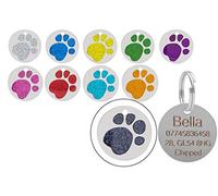 Personalised Engraved Round Glitter Paw Print Dog/Cat Pet ID Tag Small/Large (36mm - Extra Large, Black)
