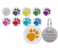 Personalised Engraved Round Glitter Paw Print Dog/Cat Pet ID Tag Small/Large (36mm - Extra Large, Orange)