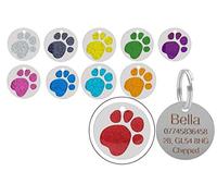 Personalised Engraved Round Glitter Paw Print Dog/Cat Pet ID Tag Small/Large (36mm - Extra Large, Red)