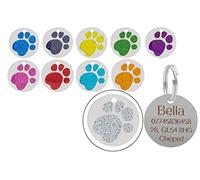 Personalised Engraved Round Glitter Paw Print Dog/Cat Pet ID Tag Small/Large (36mm - Extra Large, Silver)